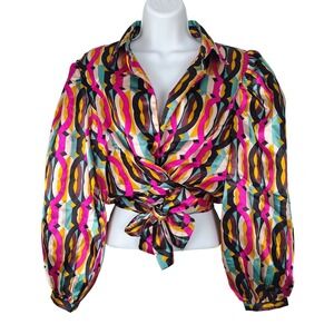 Truth NYC Geometric Satin Wrap Crop Top Puff Sleeve  L funky boho 90s 80s techno